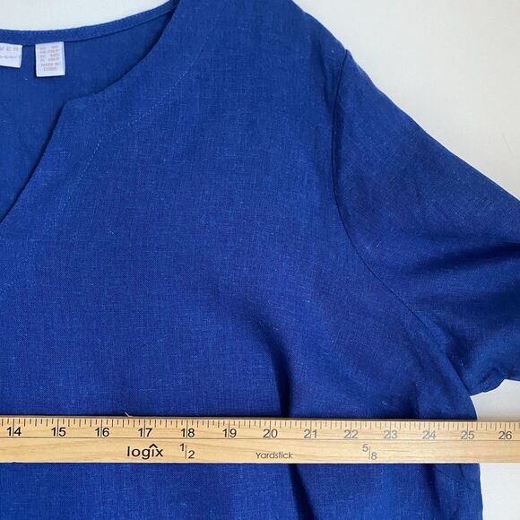 Susan Graver Pure Linen Top Tunic 1XP Blue Round Neck Roll Tab Sleeve Relaxed - Picture 3 of 8